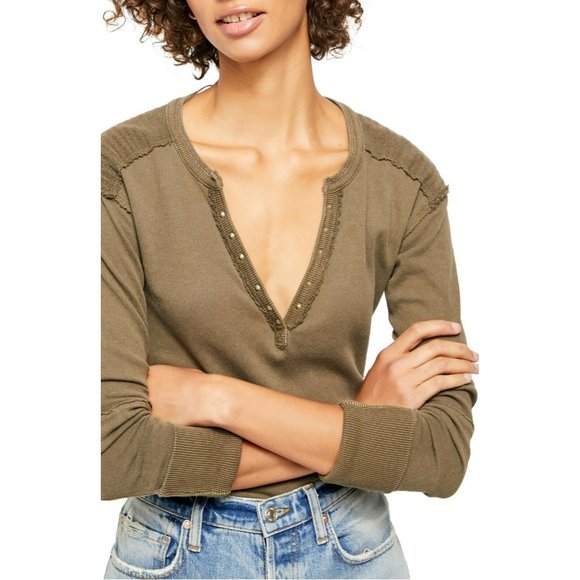 Free People Womens Top Army Green Henley Military - Picture 1 of 7